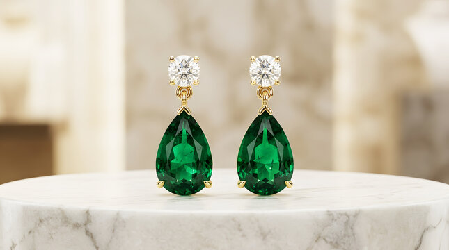 Elegant gold earrings with pearshaped emeralds and diamonds