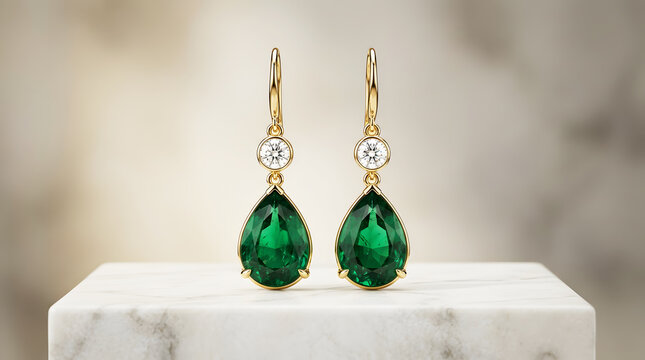 Elegant gold earrings with pearshaped emeralds and sparkling diamonds