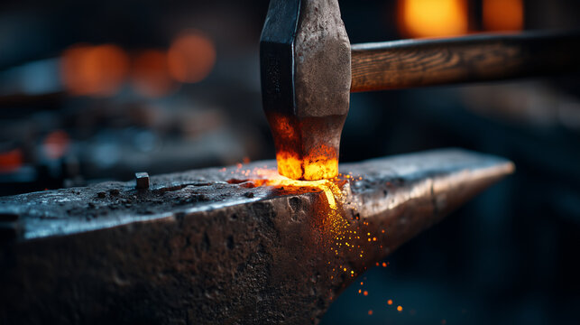 Traditional blacksmith forging glowing hot metal on an anvil with a hammer and flying sparks, highlighting craftsmanship, metalworking, skilled labor and industrial production.