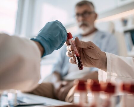 The doctor gives the lab technician a test tube with a sample of the patient's blood