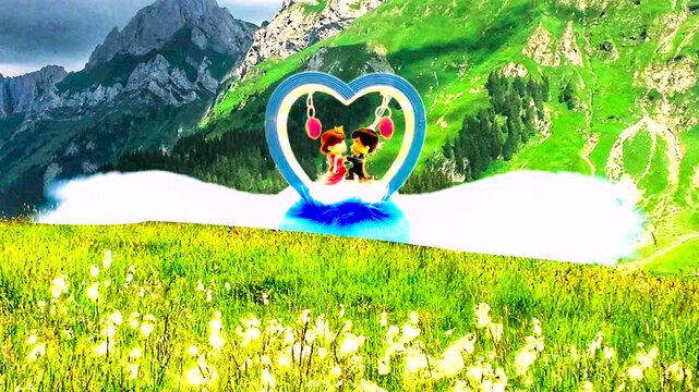 Romantic heart shaped LED lamp glowing softly above a lush green mountain meadow while capturing an enchanted wedding animation style digital video footage that features two miniature figures standing