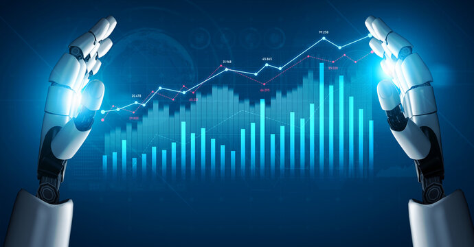 Two robotic hands are positioned in front of a digital financial graph, showcasing a vibrant analysis of economic trends and growth patterns in a futuristic design. Scalp