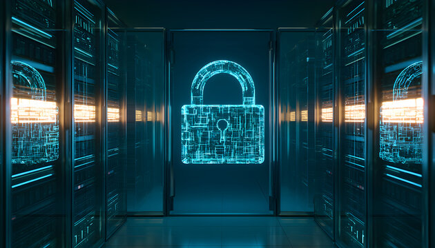 Above the server cabinets in the dim data facility, a luminescent digital padlock hovers. This abstract depiction, devoid of any individuals, conveys notions of cybersecurity, confidentiality, and rob