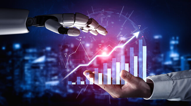 A compelling image showcasing a robotic hand reaching for a human hand, symbolizing collaboration in technology and business, with a vibrant upward graph in the background. Scalp