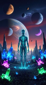 A bioluminescent extraterrestrial entity stands amidst a glowing crystalline landscape on a distant planet under a sky with multiple moons, futuristic, terrain, orbit