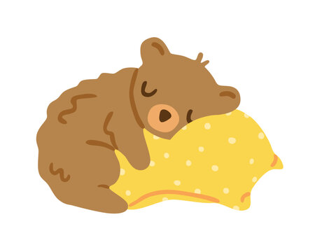 Cute brown bear sleeping with its head on a yellow dotted pillow, Flat vector illustration, hand drawn, isolated on white background.