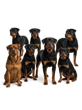 Rottweiler Dog Sitting Isolated on White Background. For pet care, dog breed, animal behavior, security, protection, veterinary, pet food branding, veterinary services, dog training, and canine breed