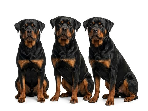 Rottweiler Dog Sitting Isolated on White Background. For pet care, dog breed, animal behavior, security, protection, veterinary, pet food branding, veterinary services, dog training, and canine breed
