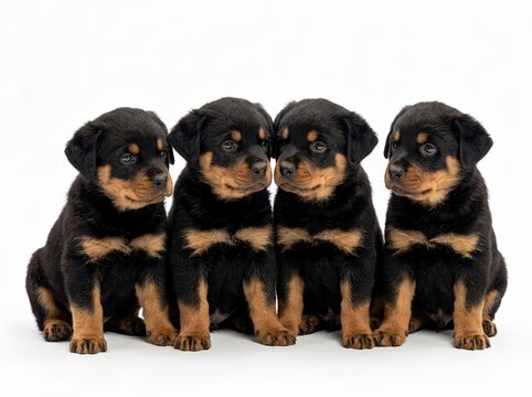 Rottweiler Dog Sitting Isolated on White Background. For pet care, dog breed, animal behavior, security, protection, veterinary, pet food branding, veterinary services, dog training, and canine breed