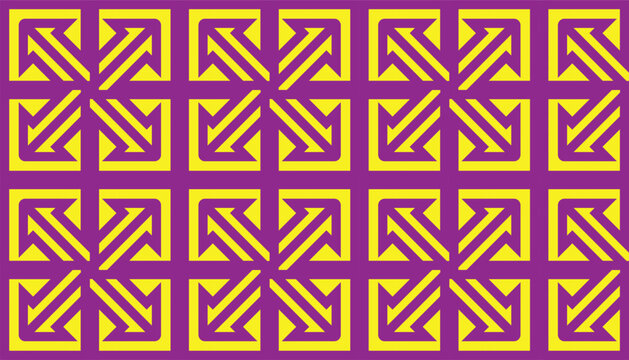 Abstract purple and yellow geometric seamless pattern with repeating four way diagonal arrow cross lattice grid for background, modern retro textile, or packaging design.