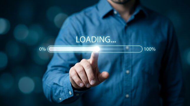 Digital loading bar progress from 0 to 100 percent showing software installation.