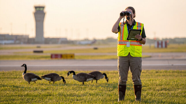 Wildlife officer observing geese on an airfield with binoculars for bird monitoring and aviation safety