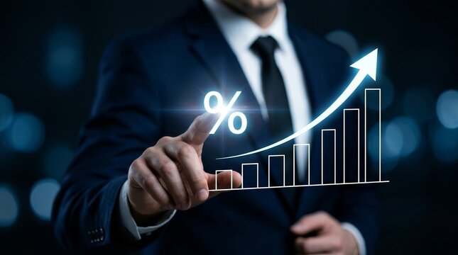 Stock market growth visualized by a businessman interacting with a rising bar chart and percentage symbol.