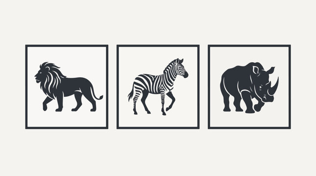 Decorative vector illustration set featuring minimalist black silhouettes of wild African animals like lion zebra and rhino inside square frames