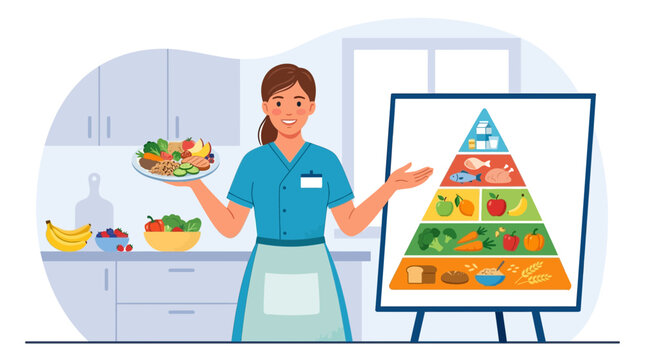 Nutritionist presenting a balanced diet pyramid chart in a kitchen setting, with healthy food options displayed.