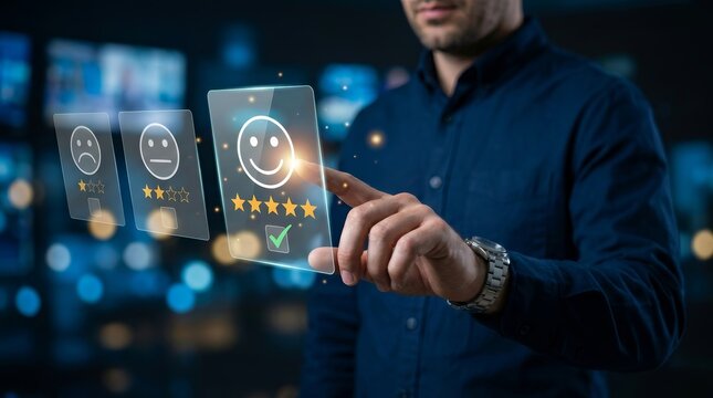 Customer review satisfaction survey concept with businessman selecting happy rating.