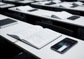 Obraz premium A soft out of focus view of a contemporary academic lecture hall with rows of tables, notebooks, and mobile devices under bright lighting, training, gray, bokeh