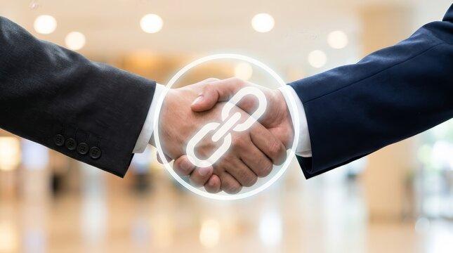 Close up of two businessmen shaking hands with a white link icon for web backlinks technology.