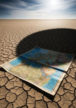 A symbolic representation of regional instability featuring a weathered map spread across a dry desert landscape with dark shadows looming, barren, abstract, desert