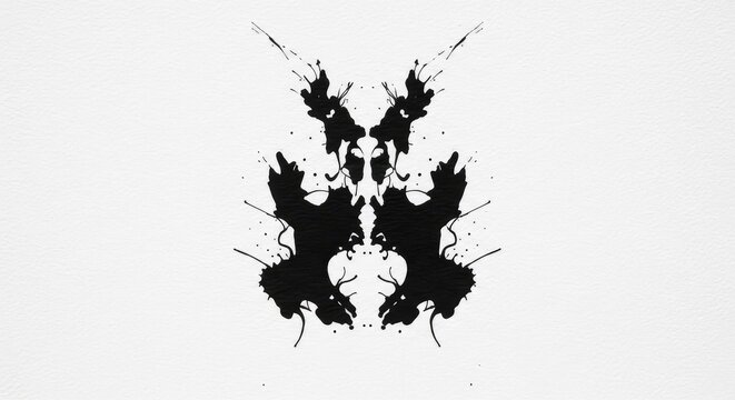 A symmetrical black ink splatter on textured white paper creating a mirrored abstract shape used for psychological evaluation and study, concept, grunge, watercolor