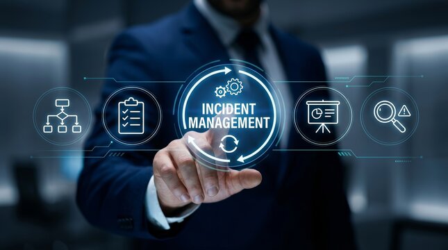 A businessman touching a digital interface for incident management and risk analysis.