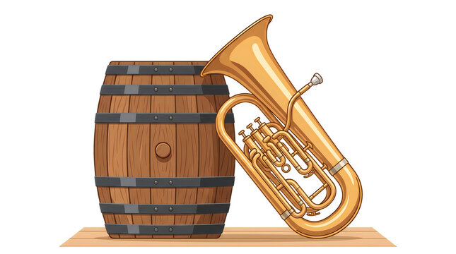 Brass tuba resting against a wooden beer barrel