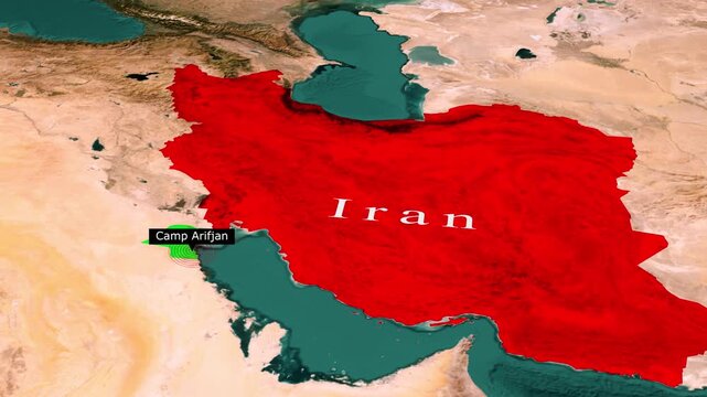 Camp Arifjan Location Map Near Iran, 3D Map Animation