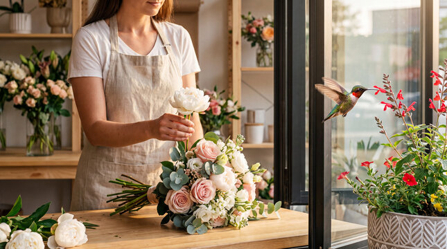 Professional female florist arranging a fresh romantic bouquet of roses and peonies in a flower shop while a wild hummingbird hovers outside