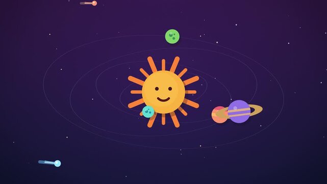 Cartoon solar system with smiling sun and colorful planets orbiting in space