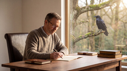 Obraz premium Mature male writer with glasses writing notes in a journal with a fountain pen at a wooden desk while a black raven watches from the forest window