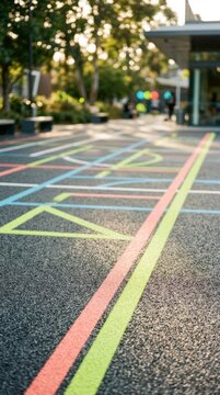 Vibrant geometric court markings on textured rubber surface, low angle view with leading lines and bokeh background.