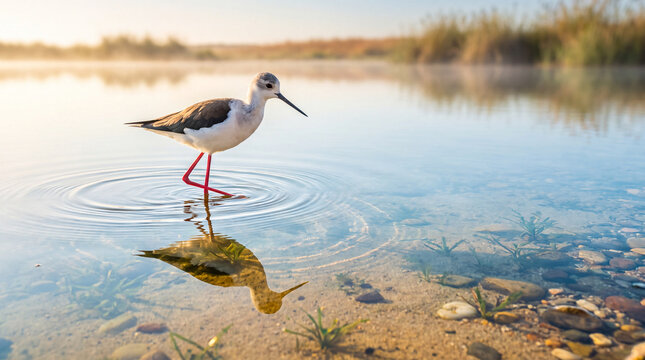 Elegant black winged stilt wading bird walking through shallow clear water with perfect mirror reflection on a misty morning lake