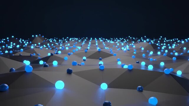 Abstract geometric plane with glowing blue spheres in dark digital landscape