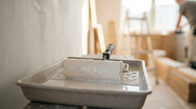 Paint roller soaking in white primer in a tray, ready for wall priming in a bright, modern renovation setting with copy space.