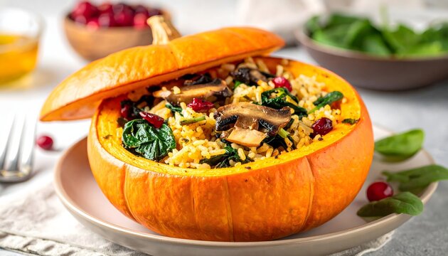 Calabaza rellena con arroz, espinacas, champi&ntilde;ones y verduras servida en un plato blanco sobre una mesa