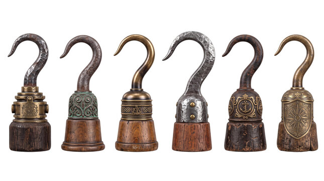 Six antique pirate hand hooks with isolated on png transparent background