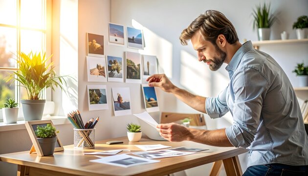 Hombre organizando y revisando fotograf&iacute;as impresas en un espacio de trabajo creativo con im&aacute;genes, plantas y materiales sobre la mesa