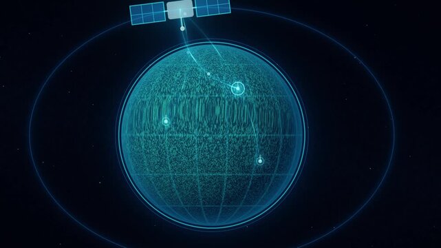 Satellite orbiting digital planet Earth with glowing connections and data stream animation