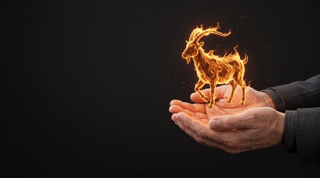 Human hands gently cradling levitating miniature liquid fire goat sculpture on dark background, Capricorn zodiac and primal elemental energy concept with left copy space for luxury banner design
