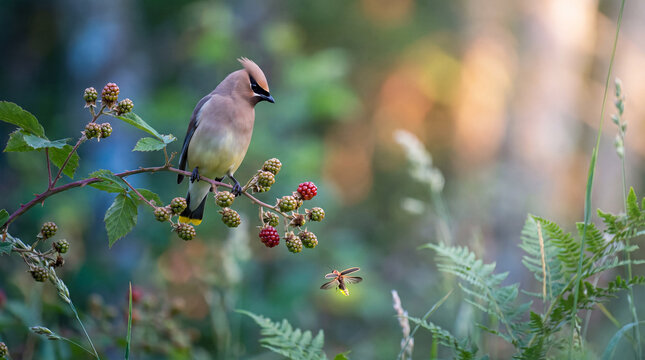 Elegant cedar waxwing bird perched on a thorny branch with ripening blackberries watching a glowing firefly hover in the twilight