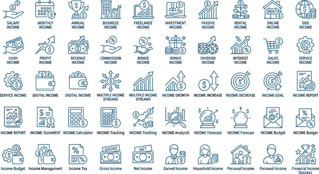  Income revenue earnings line icon set showing salary profit investment passive stream calculator analytics and personal finance concepts