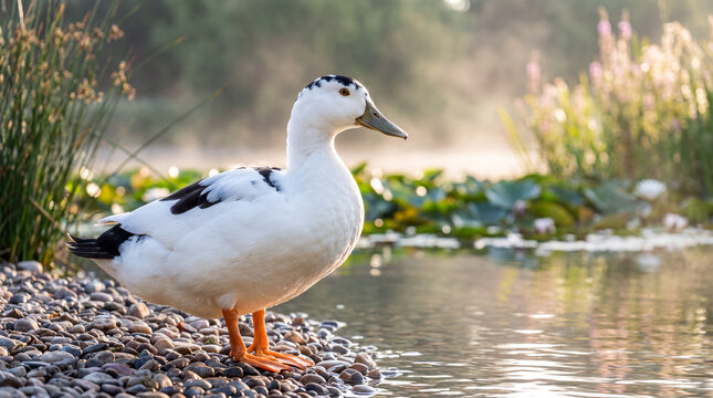Beautiful white and black duck standing on a rocky pebble shoreline next to a misty pond filled with water lilies at sunrise