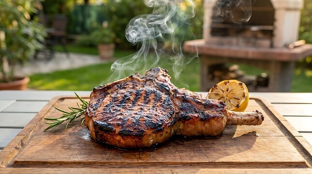 Juicy grilled beef steak with rosemary and lemon on a wooden cutting board in a summer garden setting. chuleta de cerdo