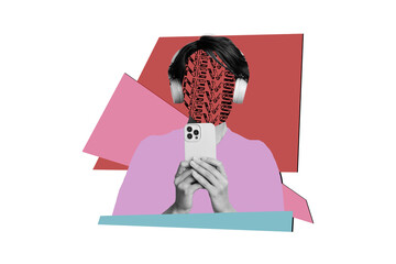 Composite trend artwork 3D sketch image collage of faceless lady hairdo headphones listen music...