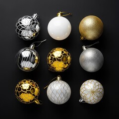 Naklejka premium A collection of elegant shiny gold, silver, and white Christmas ornaments resting on a dark black background for festive holiday decor, celebration, winter, gold