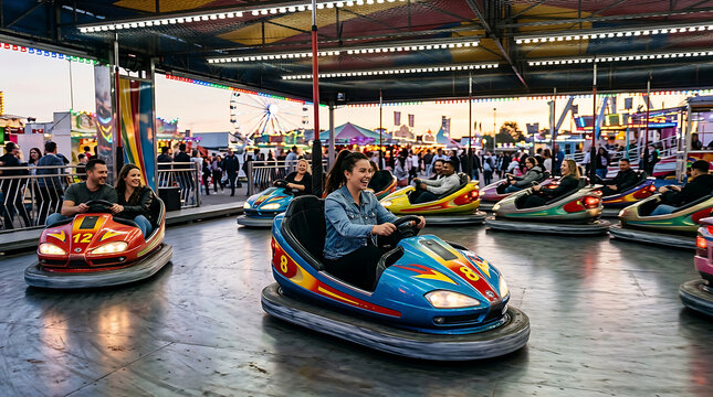 Family enjoying bumper cars at amusement park.
