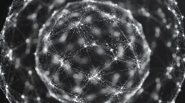 Abstract geodesic sphere pulsing with digital network connections in dark void with subtle light flares