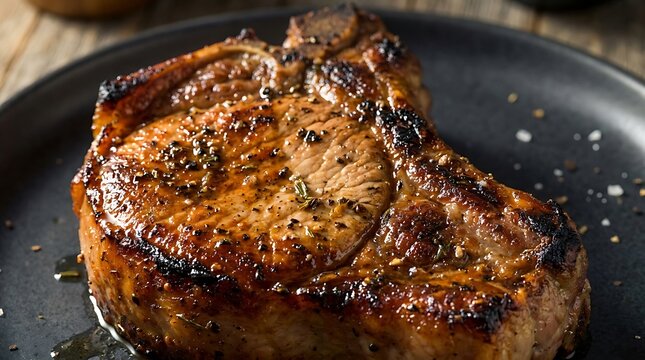 Juicy grilled beef steak seasoned with herbs and black pepper cooking on a hot iron cast grill pan. chuleta de cerdo