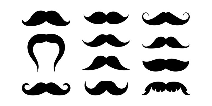 Mustache Silhouettes Vector Set on White Background, Collection of Classic and Vintage Facial Hair Styles, Black Moustache Shapes, Editable Isolated Grooming and Barber Design Elements