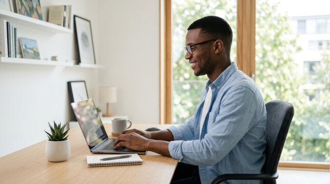 Smiling Black man working on laptop in bright home office, remote professional at desk